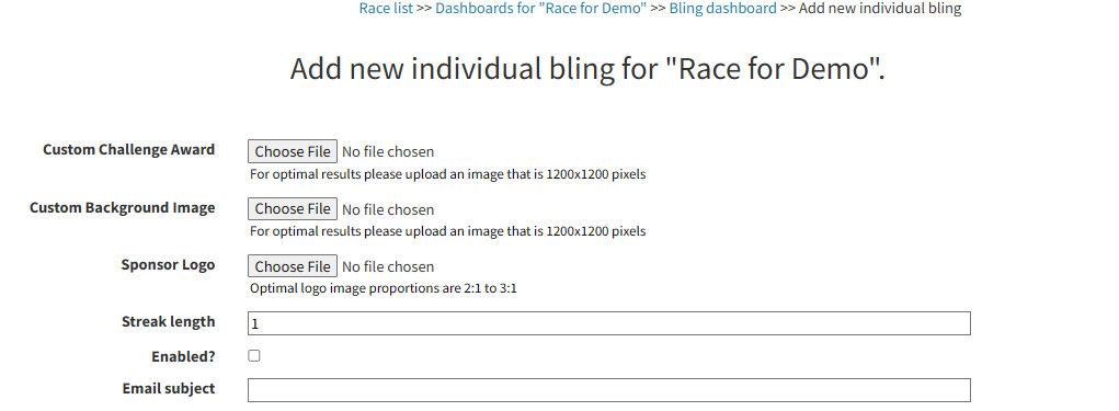 Challenge award form showing image uploads, streak length, and enabled fields